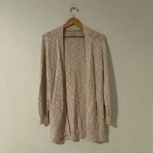 LL Bean Beige Tan White Accents Open Long Cardigan Sweater Pockets